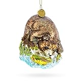 Wild Bear Watching Fish Glass Christmas Ornament