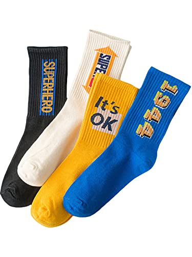 Gorglitter Men's 4 Pairs Letter Print Crew Socks Skateboard Mid Length Athletic Running Socks Black White Yellow Blue One Size #TOP8