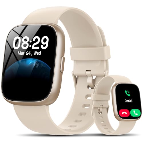 Smartwatch Damen Herren, 1.83" HD Fitness Tracker mit Alexa/Telefonfunktion, 120+Sportmodi Fitnessuhr mit Herzfrequenz/Schlafmonitor/Schrittzähler, IP68 Smart Watch Sportuhr für Android iOS, Creme