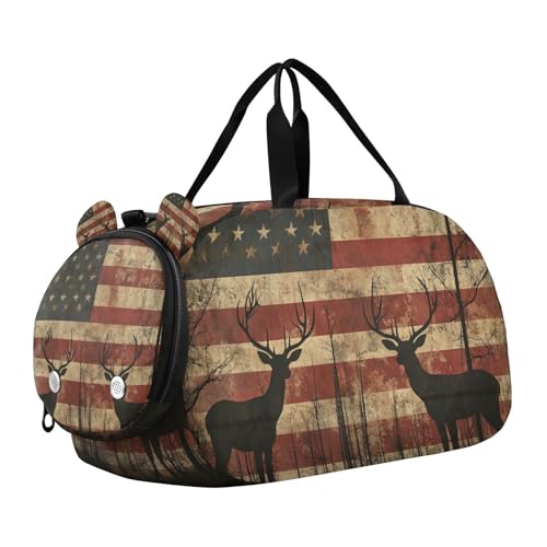 Duffle Bag for Boys or Girls with Shoes Compartment, Stripes American Flag Deer Sports Travel Bag Overnight