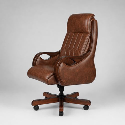Image of LAKDI Furniture Premium Executive Office Chair for Home & Office | Leatherette Upholstery | Wooden Armrest & Base | High Back Ergonomic Revolving Chair with Wheels | 5 Year Warranty | Free Assembly