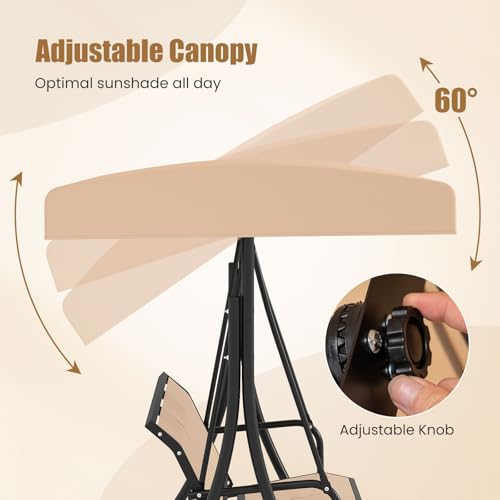 Image of Tangkula 3 Person Porch Swing, Patio Swing with Adjustable Canopy, Heavy-Duty Frame, Breathable Fabric, Outdoor Swing for Porch, Garden, Backyard, Poolside, 800 LBS Max Load