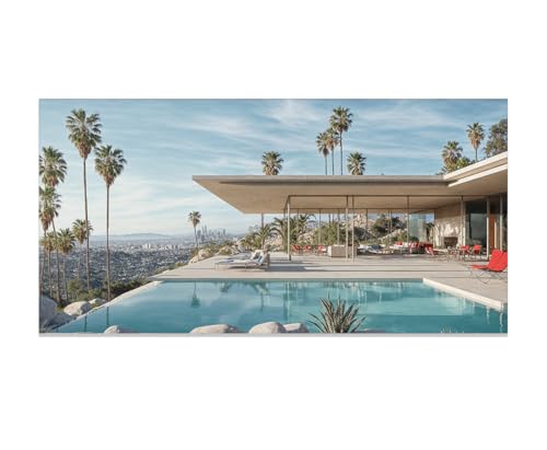 LA Lifestyle Luxury Modern House 36x18 Unframed Poster – Mid-Century Architecture, Hollywood Hills Infinity Pool, Palm Springs Style, City View, Beverly Hills, Glass House, Real Estate Office Décor