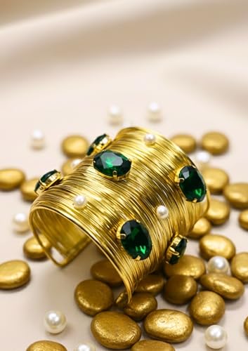 Image of Mansiyaorange Green Glass CZ Pearls Stone Fancy Western Cuff Bangle Bracelet