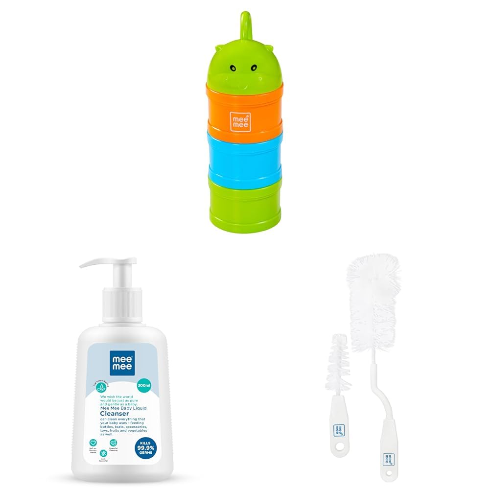 Mee Mee Storage Container (Microwavable), Multi-Color & Baby Cleanser (for Bottles), 300ml & Bottle Brush (360° Movable), White | for Baby Feeding