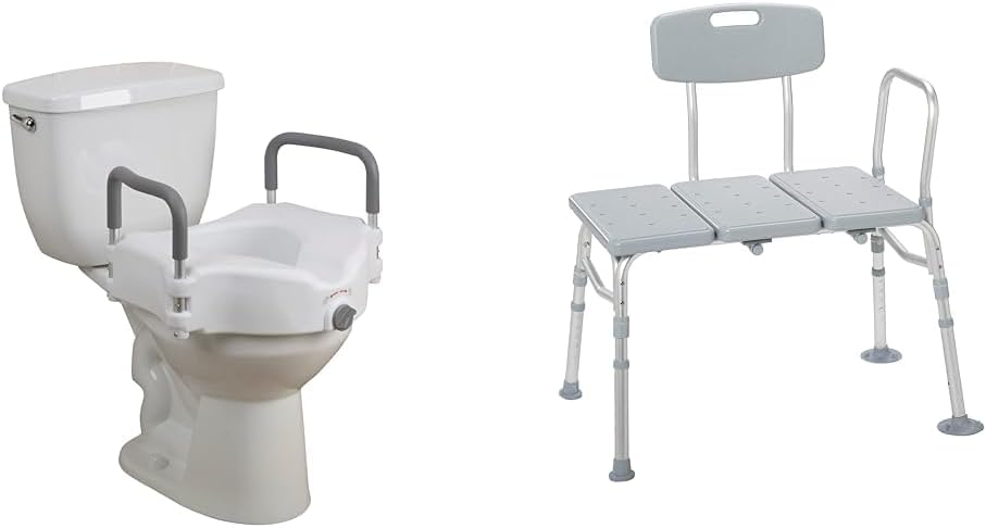 Drive Medical RTL12027RA 2-in-1 Raised Toilet Seat with Removable Padded Arms & 12011KD-1 Tub Transfer Bench for Bathtub, Height Adjustable Shower Bench