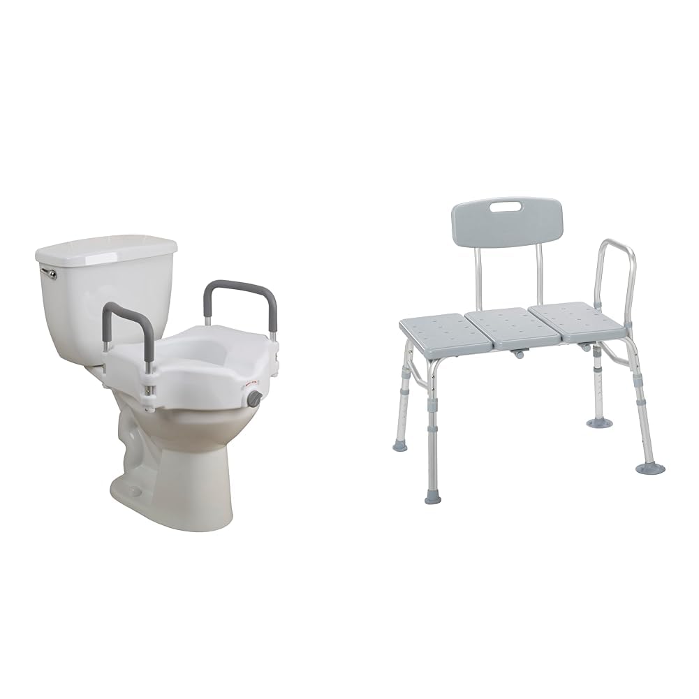 Drive MedicalRTL12027RA 2-in-1 Raised Toilet Seat with Removable Padded Arms & 12011KD-1 Tub Transfer Bench for Bathtub, Height Adjustable Shower Bench