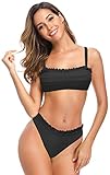 SHEKINI Damen Bandeau Bikini Set Rüschen 2 Teiliger Mankini Low Waist Bikinihose Gepolstert Bademode für Große Brüste Frauen Wickeloptik Strandbikini (E-Schwarz, S)