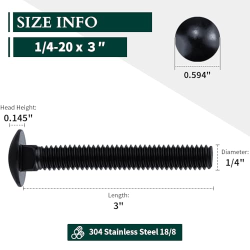 Image of 1 /4-20 x 3 Black Steel Carriage Bolts, 304 Stainless Steel 18-8, Round Domed Head Square Neck Carriage Bolts Screws, Coarse Thread UNC, 10 PCS
