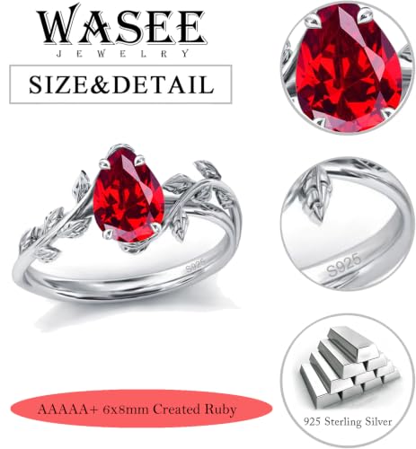 Wasee July Birthstone Ring 925 Sterling Silver Ruby Rings Women,Ring Size 7.5 by Wasee - Image 3