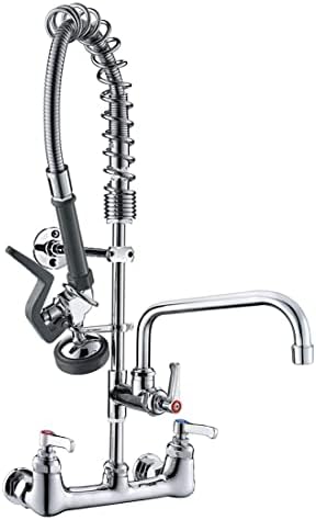 CWM Commercial Wall Mount Kitchen Sink Faucet Brass Constructed Polished Chrome Pre-Rinse Device 25" Height 8" Center with Spring Pull Down Sprayer and 12" Add-on Spout (25 inches)