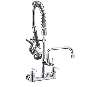 IMLEZON Commercial Wall Mount Kitchen Sink Faucets Brass Constructed Polished Chrome Pre Rinse Device 25 Height 8 Center with Coilded Spring Pull Down Sprayer and 12 Add on Spout