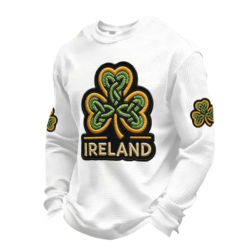 HUEAHDOU St Patricks Day Accessories Men,St Patricks Day Shirt Men Waffle Long Sleeve Shamrock Irish Saint Pattys Tops Plus Size Crewneck Casual Sweatshirts(4X-Large,White)