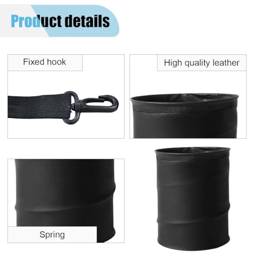Image of Collapsible Trash Can Car Garbage Bag - Leather Pop-up Car Trash Bin with Elastic Band - Hanging Foldable Garbage Can Vehicle Waste Basket Bin - Double-Layer Washable Bag for Cars Camping (Black)