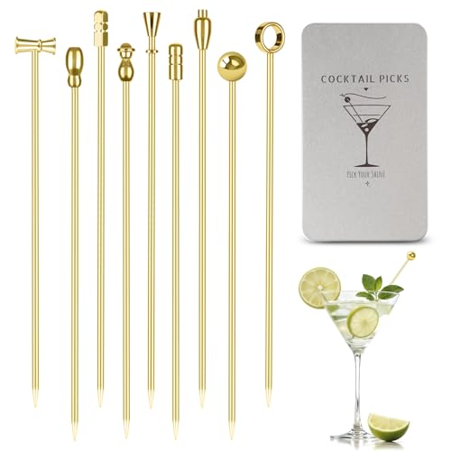 Metal Cocktail Martini Picks Gold, 4.1 in Olive Skewers Stainless Steel, Martini Garnish Sticks Reusable, Metal Toothpicks for Drinks, Appetizers, Cheese, Gift for Father Bar Accessories - 9 Pcs