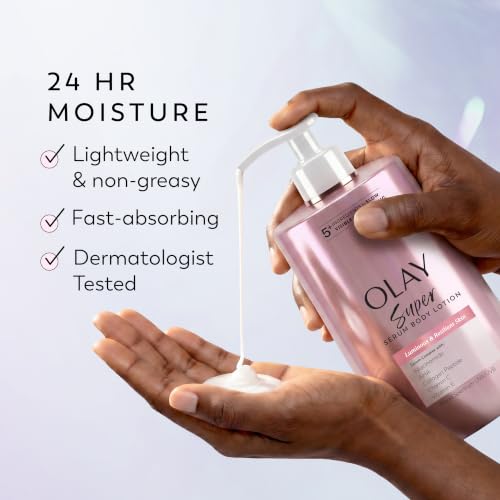 Image of Olay Super Serum Hand & Body Lotion for Aging, 24hr Long Lasting Moisture, Fast Absorbing, 5+ Ingredient Complex for Bright Even Firm Luminous Skin, Sweet Vanilla & Soft Wood Scent, 17 fl oz