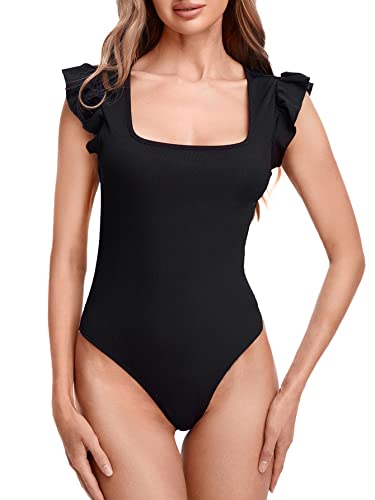 Verdusa Women's Ruffle Trim Cap Sleeve Square Neck Skinny Leotard Bodysuit Top Black M #TOP14
