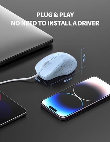 Image of TECKNET Wired Mouse, 6-Button Corded with 4 Adjustable DPI, Optical Mouse with Ergonomic Design and 5FT Cord for Laptop, Chromebook, PC, Desktop, Mac, Notebook - LT.Blue