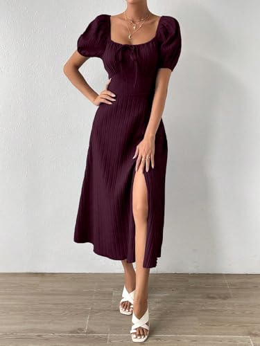 Image of Shasmi Women's & Girl's Tie Front Split Thigh Milkmaid Maxi Dress - Square Neck Puff Sleeve A-Line Long Dress, Elegant Casual & Parties Wear for Ledies (Dress 245)