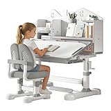 OYOWINGO Kids Desk and Chair Set - 3-12 Height Adjustable ErgonomicArt Desk for Bedroom with 50° Tiltable Desktop, Easy-Turn Crank, Storage Drawer & Built-in Bookstand for Children Boys & Girls (Grey)