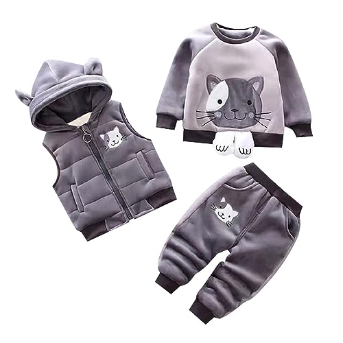 Newborn Boys And Girls' 3 Piece Flannel Set Cat Print Pullover Sweatshirt Hooded Zipper Vest Toddler Fall Outfits