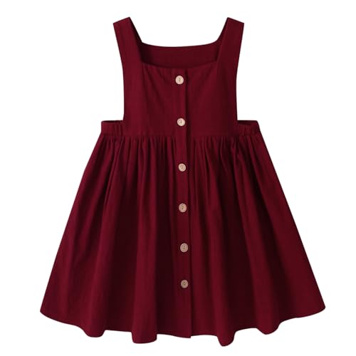 USKIDKK Toddler Girl Cotton Linen Summer Dress Suspender Sleeveless Button Beach Girls Sundress (Wine Red, 3-4T)