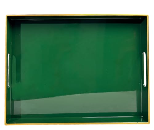 Umisriro Large Green Rectangular Decorative Tray – Plastic Serving Tray with Handles for Coffee Table, Ottoman, Living Room, 15.7” x 11.8” x 1.6