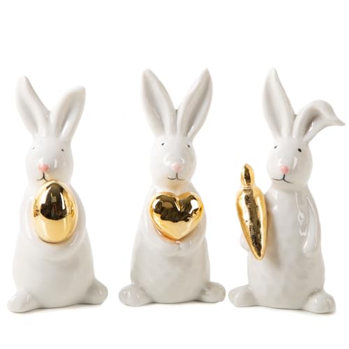 Logbuch-Verlag 3 edle Osterhasen Deko Figuren Gold weiß Osterdekoration aus Porzellan Ostergeschenke 12,5 cm