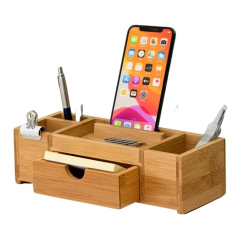 Organizador de escritorio de bambú TROEX con cajones y soporte para teléfono Cover