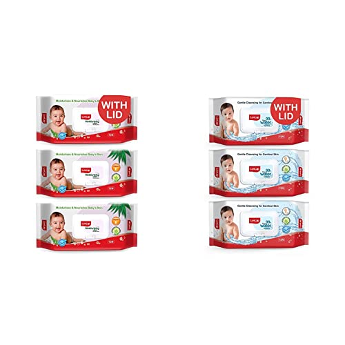 Image of LuvLap Paraben Free Baby Wipes with Aloe Vera, with Fliptop Lid (72 Wipes /Pack, Pack of 3) & LuvLap Paraben Free 99% Pure Water Nourishing Baby Wipes, with Fliptop Lid (72 Wipes /Pack, Pack of 3