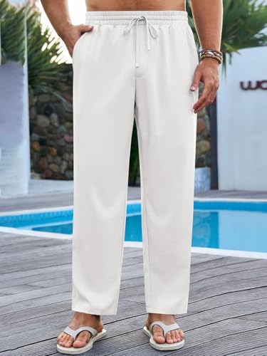 Runcati Mens Casual Pants Drawstring Elastic Waist Lightweight Cropped Linen Pants Summer Yoga Beach Trousers2
