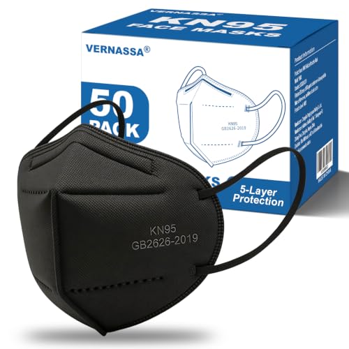 VERNASSA Black KN95 Face Masks 50 Pack, 5-Layer Disposable Masks for Adults, Breathable & Comfortable, Filter Efficiency ≥95%, Protective Masks for Home, Travel, Work