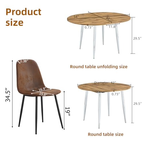 Image of Extendable Dining Table Set for 6, 42-54 inch Round to Oval Dining Table with 6 Upholstered Chairs, Engineered Wood, Space-Saving Round Kitchen & Dining Room Table Set(1 Table + 6 Brown Chairs)