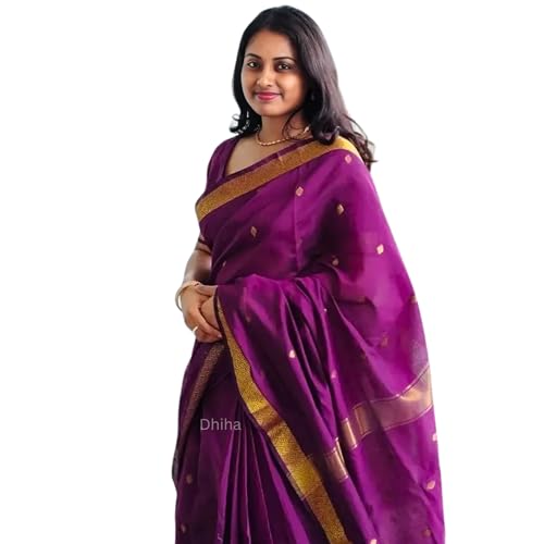 Image of Original Maheswari Cotton Silk Saree for Women | Kanjivaram Pure Silk Cotton Sari with Blouse | Zari Work | Tassels | Handloom Weave