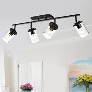 BONLICHT Ceiling Spotlights Track Lighting Kit 4 Light Bathroom Vanity Lighting Black Modern Multi-Directional Ceiling Mount Fixture Industrial Farmhouse Sconces Wall Mount Lamp with Clear Glass Shade