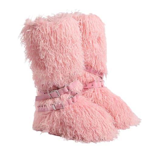 Fur Boots for Women, Buckle Strap Flat Snow Boots with