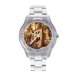 BVKWNTSA Elegante orologio da polso da uomo con cinturino in acciaio vintage con castello medievale stampato - Elegante orologio da polso analogico al quarzo, leggero e confortevole