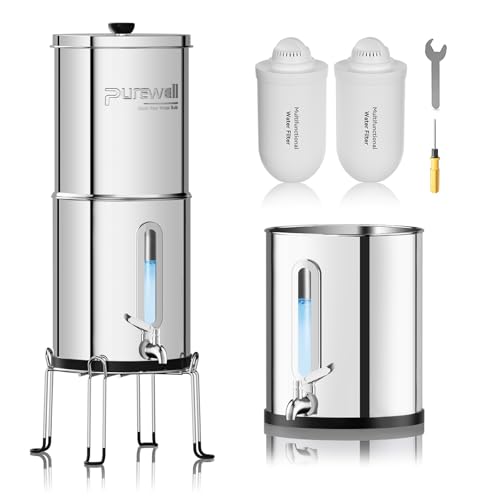 Purewell 2.25G Gravity Water Filter System with Water Level Window - Upgraded 6-Stage 0.01μm Ultra-Filtration Stainless Steel Countertop System - Includes Stand & 2 Filters
