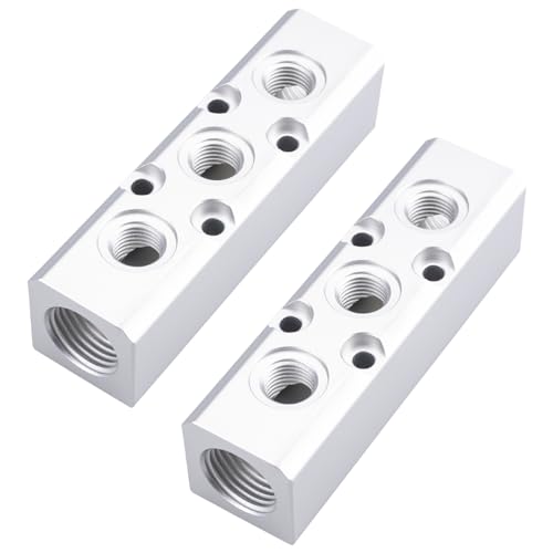 2PCS Air Manifold, 3 Way 5 Port Air Compressor Manifold, Aluminum Air Hose Inline Manifold Block Splitter, Pneumatic Manifold Air Distribution Block, NPT 1/2 Inch Supply Port, NPT 1/4 Inch Output Port