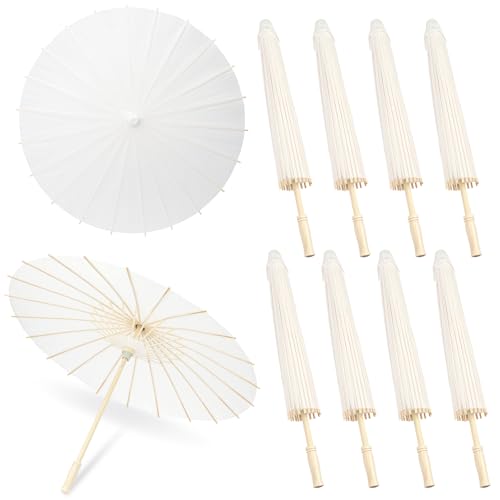 Mototo 8 Piece 23.6 Inch White Paper Umbrellas, Chinese Japanese Oiled Paper Parasols, White Parasols Umbrellas Bulk for DIY Painting Craft, Wedding, Bridal Party, Ceiling Decoration
