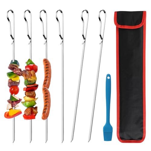 6 Stück Schaschlikspieße Edelstahl, 43cm Robustes Grillspieße Set mit Praktishcher Tragetasche, Flacher Fleischspieße Kebab spieße, Silikonölbürste mitgeliefert, Grill-Zubehör für Fleisch, Gemüße