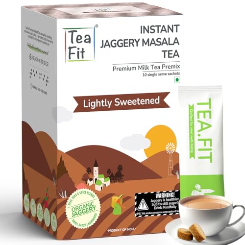 Image of TeaFit Instant Jaggery Masala Chai Premix | Desi Gud Chai | 30 Sachets (420gm) + Spoon | Just Add Water | Made with Organic Cane Jaggery, Premium Assam Tea & Aromatic Spices | Ayurvedic Spiced Chai