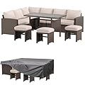 AECOJOY Outdoor Patio Furniture Set with Waterproof Cover, 7 Pieces Clearance Sectional Rattan Dining Table&Chairs, All Weather Wicker Conversation Sofa Couch, Khaki Cushions&Brown Rattan