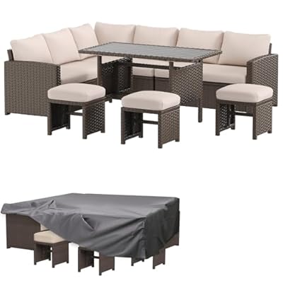 AECOJOY Outdoor Patio Furniture Set with Waterproof Cover, 7 Pieces Clearance Sectional Rattan Dining Table&Chairs, All Weather Wicker Conversation Sofa Couch, Khaki Cushions&Brown Rattan