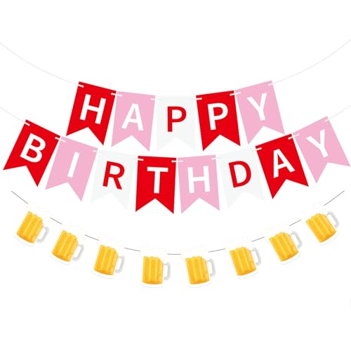 Image of Beer Birthday Banner for Beer Party and Birthday Wedding Party Supplies (Red+Pink+White)