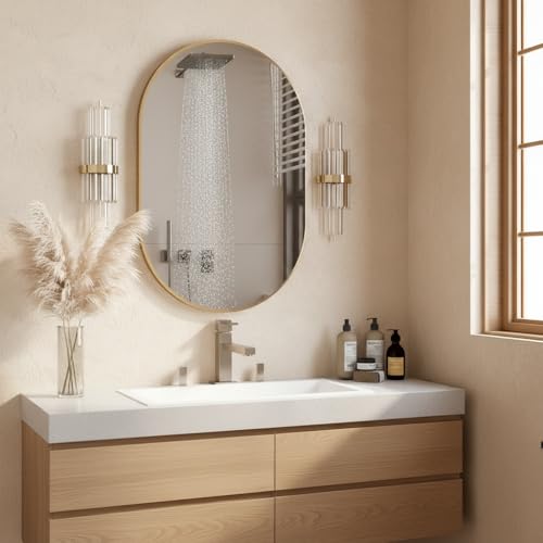 Image of Asymmetric Oval Wall Mirror with Durable Wooden Frame - 24 inchx16 inch (Golden) | Modern Decorative Wall Hanging Mirror for Bathroom, Basin, Living Room, Hostel Room & Dressing Table.