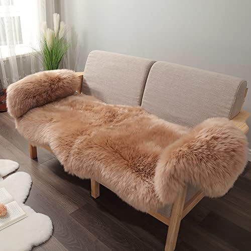 IRIWOOL Premium Genuine Fur Sheepskin Rug Real Australia Sheepskin Natural Luxury Fluffy Lambskin Fur Area Rug Seat Covers for Kids Bedroom Sofa Chair Cover Pets Dogs Mat (2' x 6'Light Brown)