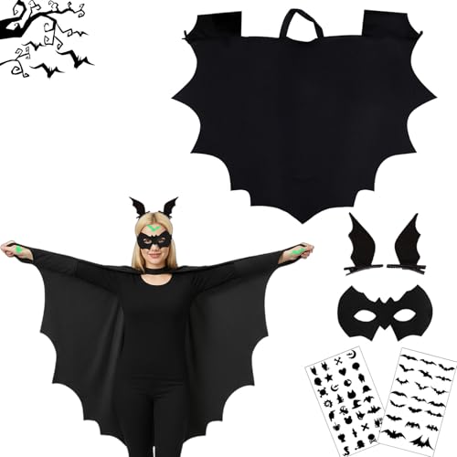 Disfarce de morcego Halloween, disfarce morcego Halloween com capa, máscara para os olhos, garfo e autocolantes luminosos, para meninos e meninas, ideal para carnaval e festa temática