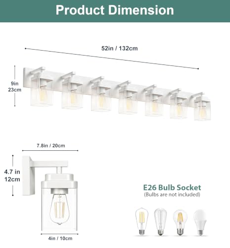 Image of White Bathroom Light Fixtures, 7 Lights Bathroom Lighting Fixtures Over Mirror, Square Design & Rectangle Large Backplate, Modern Vanity Lighting Fixtures, for Bathroom /Living Room /Bedroom