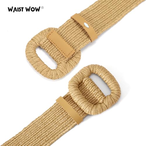 Image of Straw Woven Elastic Belt for Women Stretchy Belts for Dress Fashion Boho Waist Belt Rattan Raffia Ladies Belts
